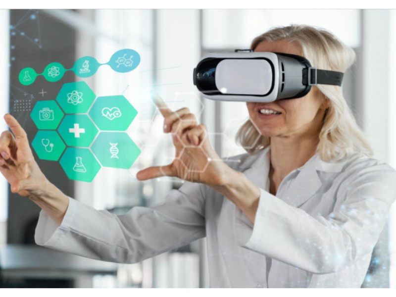 Esta imagem ilustra o uso de tecnologia avançada no setor de saúde, destacando a convergência entre a medicina tradicional e a inovação digital.