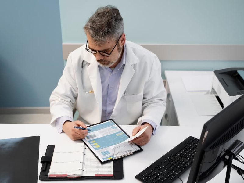 Médico analisando documentos em um consultório, revisando um exame periódico de um paciente em seu computador e prancheta.