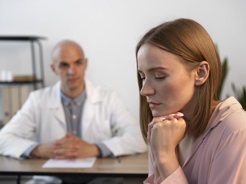 Medico ao fundo e paciente em primeiro plano com semblante entristecido