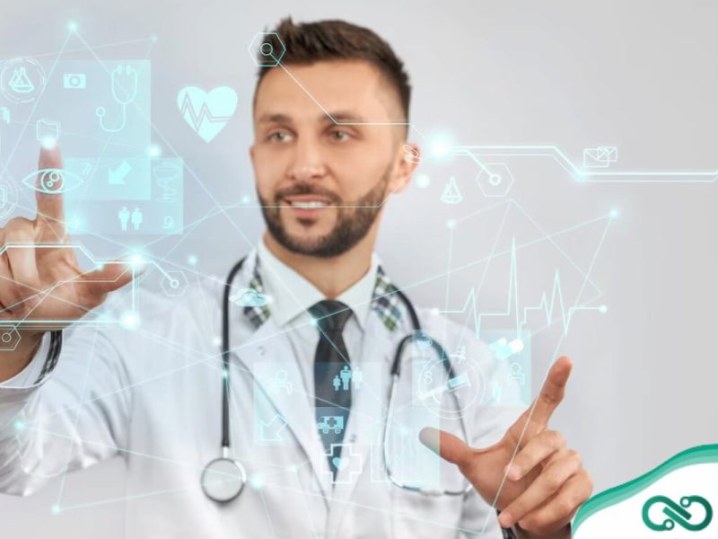 Médico com um holograma, destacando as inovações tecnológicas na medicina.