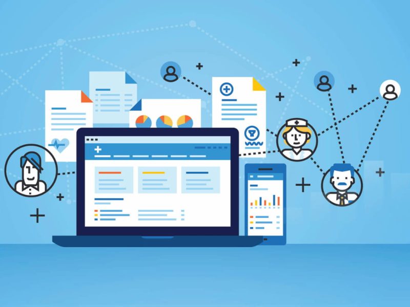 Cena de marketing médico digital com ícones de profissionais de saúde, gráficos e um computador exibindo dados.