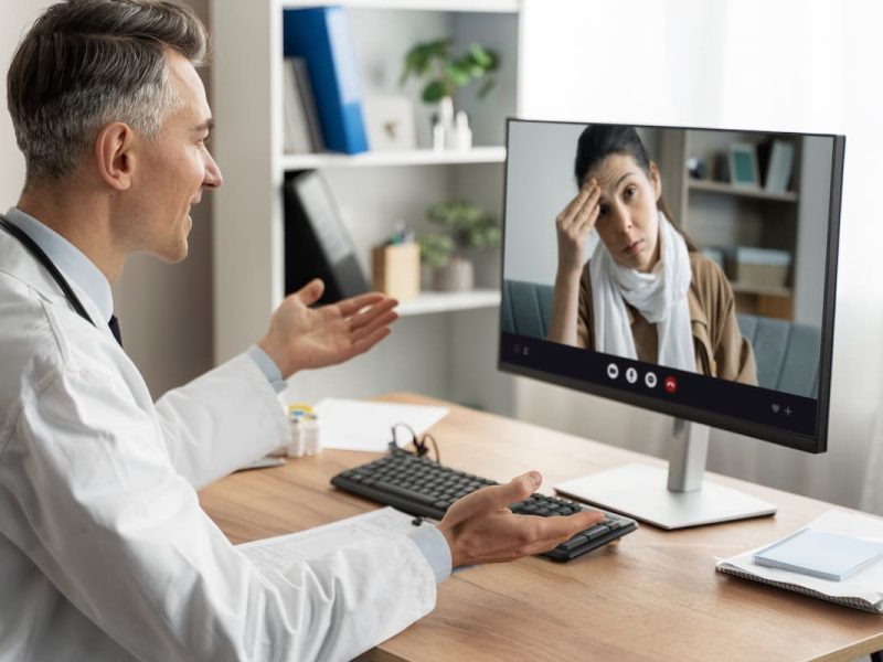 Médico realizando uma teleconsulta com paciente via chamada de vídeo, exemplificando atendimento remoto por tecnologia digital.