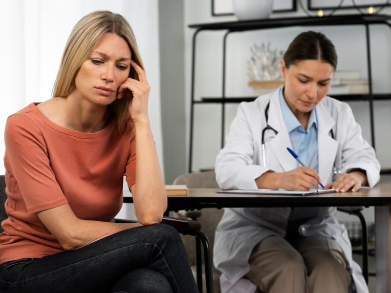 Mulher preocupada em consulta médica. Conceito relacionado a tipos de transtornos mentais e comportamentais.